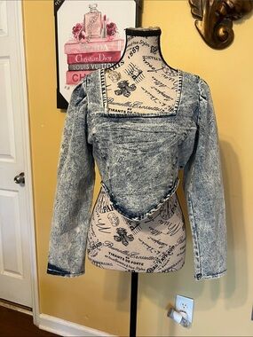 Thrill Light Blue denim super stretch Acid Wash Square Neck Top Sz XL
